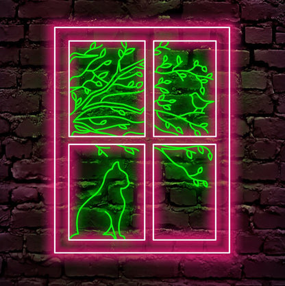 Cat Looking Out The Window With Bird And Tree Neon Sign, Custom Led Neon Sign for Home Decor