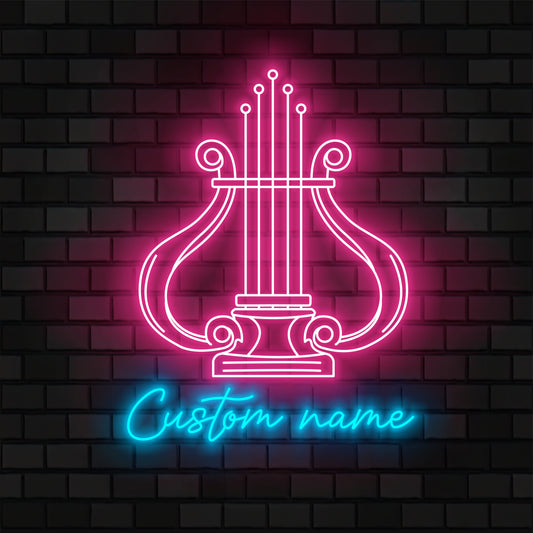 Custom Harp Musical Instrument Neon Sign Wall Art LED Light Personalized Lyre Player Name Neon Sign Home Decor Music Room Decoration Birthday Xmas
