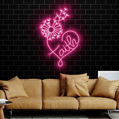 Dandelion Faith Heart Neon Sign Wall Art LED Light Christ Neon Sign Home Decor God Faith Cross Decoration Religious Lord Housewarming Xmas Birthday