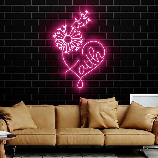 Dandelion Faith Heart Neon Sign Wall Art LED Light Christ Neon Sign Home Decor God Faith Cross Decoration Religious Lord Housewarming Xmas Birthday