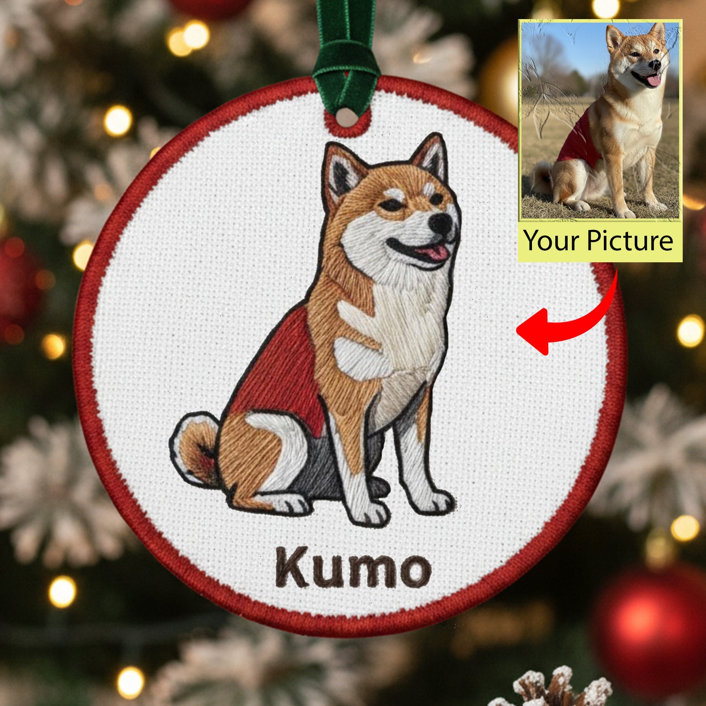 Custom Pet Embroidered Ornament from Photo, Personalized Dog Ornament, Christmas Keepsake Decoration, Embroidered Ornament form picture