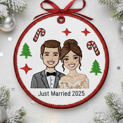Embroidered Just Married Ornament – Personalized Canvas Wedding Couple Portrait Keepsake from Your Photo, Embroidered Ornament form picture