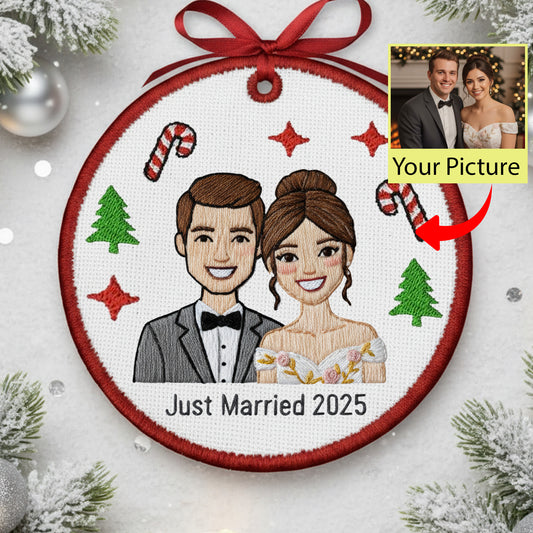 Embroidered Just Married Ornament – Personalized Canvas Wedding Couple Portrait Keepsake from Your Photo, Embroidered Ornament form picture