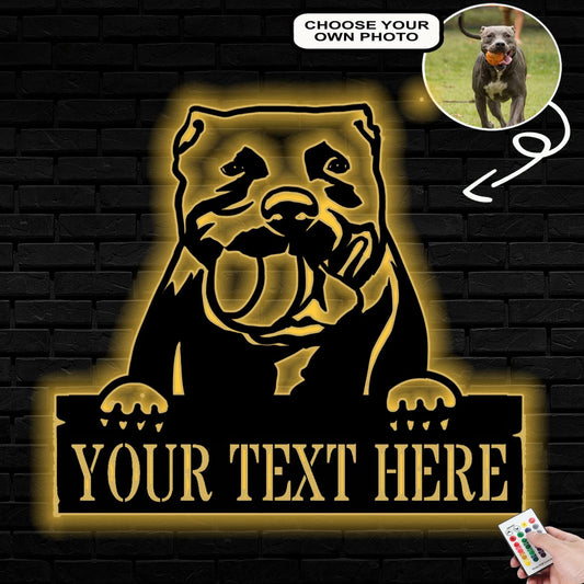 Personalized American Pitbull Dog Metal Sign Led Lights Custom Name Photo