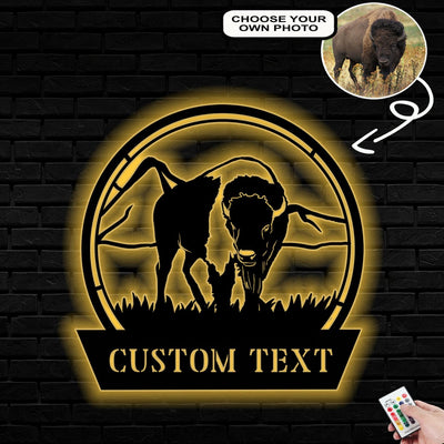 Personalized Bison Dog Metal Sign Led Lights Custom Name Photo