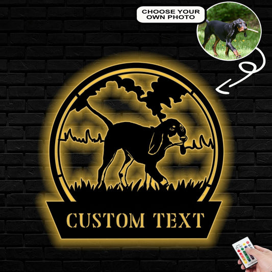 Personalized Black and tan coonhound Dog Metal Sign Led Lights Custom Name Photo