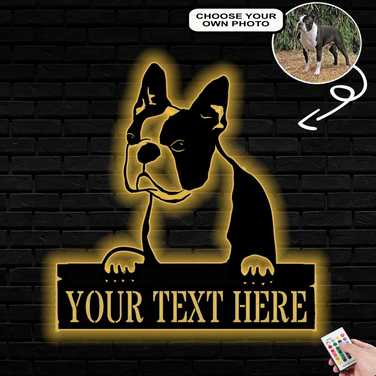 Personalized Boston Terrier Dog Metal Sign Led Lights Custom Name Photo