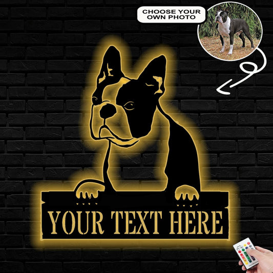 Personalized Boston Terrier Dog Metal Sign Led Lights Custom Name Photo