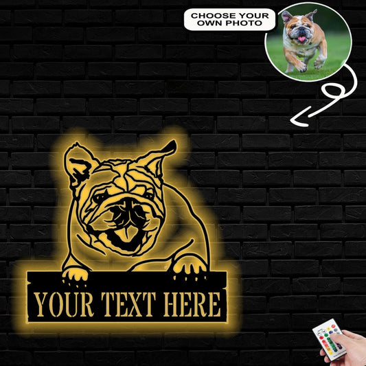 Personalized Bulldog Dog Metal Sign Led Lights Custom Name Photo