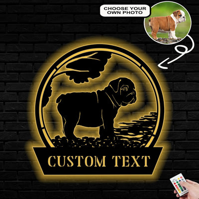Personalized English Bulldog Dog Metal Sign Led Lights Custom Name Photo