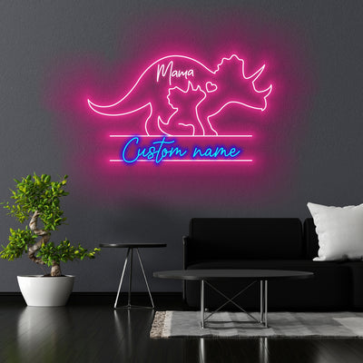 Custom Mom Baby Triceratops Dinosaur Neon Sign Wall Art LED Light Personalized Dino Lover Name Neon Sign Home Decor Boy Girl Nursery Decoration Xmas