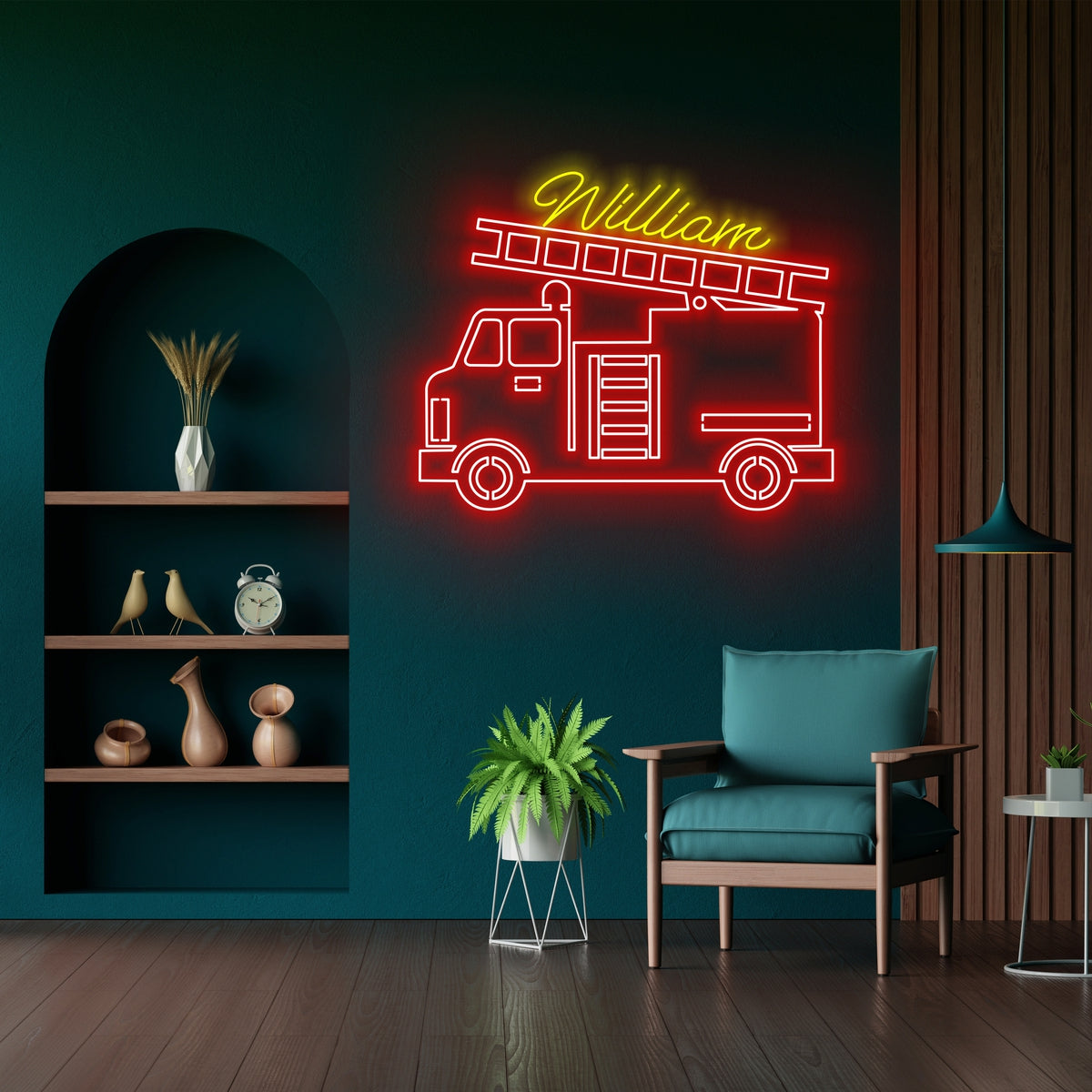 Custom Engine Fire Truck Neon Sign Wall Art LED Light Personalized Boy Vehicle Firetruck Name Neon Sign Home Decor Firefighter Kid Room Decoration