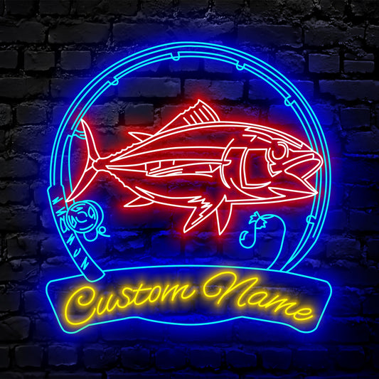 Custom Bigeye Tuna Fishing Neon Sign Wall Art LED Light Personalized Fisher Name Neon Sign Home Decor Kid Boy Girl Nursery Decoration Birthday