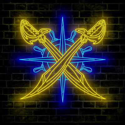 Pirate Steering Wheel And Crossed Swords Neon Sign Wall Art LED Light Pirate Ship Name Neon Sign Home Decor Piracy Decoration Birthday Housewarming