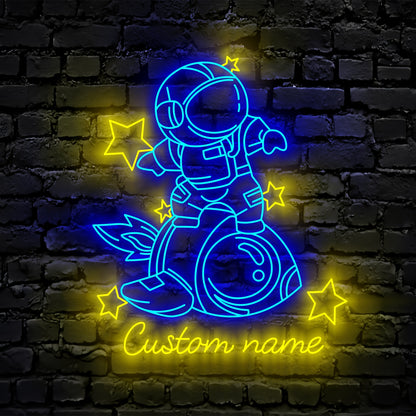 Custom Cute Space Astronaut Neon Sign Wall Art LED Light Personalized Boy Riding A Rocket Name Neon Sign Home Decor Spaceship Kid Nursery Decoration
