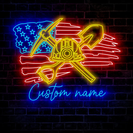 Custom Coal Mining US Flag Neon Sign Wall Art LED Light Personalized Miner Name Neon Sign Home Decor Mine Man Cave Decoration Birthday Xmas Gifts