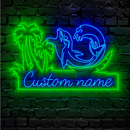 Custom Dolphin Palm Tree Beach House Sunset Neon Sign Wall Art LED Light Personalized Dolphin Name Neon Sign Home Decor Kid Nursery Decoration Xmas