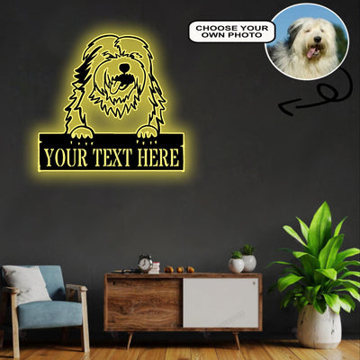 Personalized Bobtail Dog Metal Sign Led Lights Custom Name Photo
