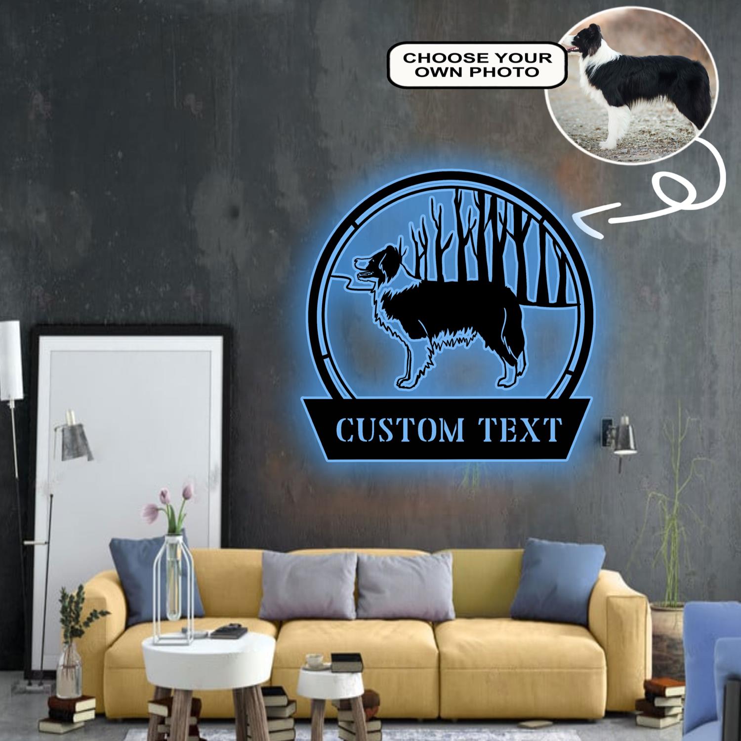 Personalized Border collie Dog Metal Sign Led Lights Custom Name Photo