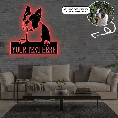 Personalized Boston Terrier Dog Metal Sign Led Lights Custom Name Photo