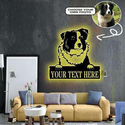 Personalized Collie Dog Metal Sign Led Lights Custom Name Photo