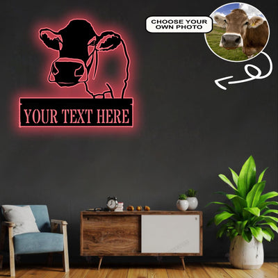 Personalized Cow Dog Metal Sign Led Lights Custom Name Photo