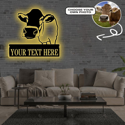 Personalized Cow Dog Metal Sign Led Lights Custom Name Photo