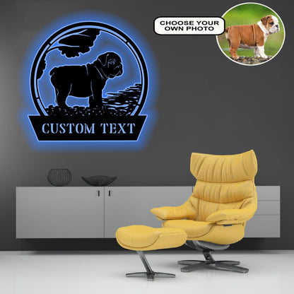 Personalized English Bulldog Dog Metal Sign Led Lights Custom Name Photo