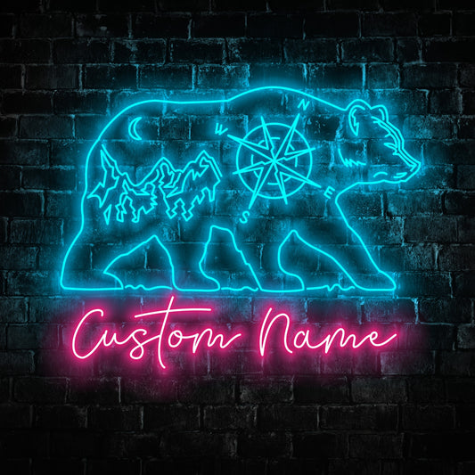 Personalized Name Bear Neon Sign - Custom Name Mountain Neon Signs For Home, Birthday Gift Giving Name Neon Lights