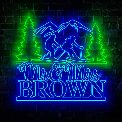 Couple Skiing Mountain Neon Sign - Custom Name Couple Skiing Mountain Neon Signs For Home, Birthday Gift Giving Name Neon Lights