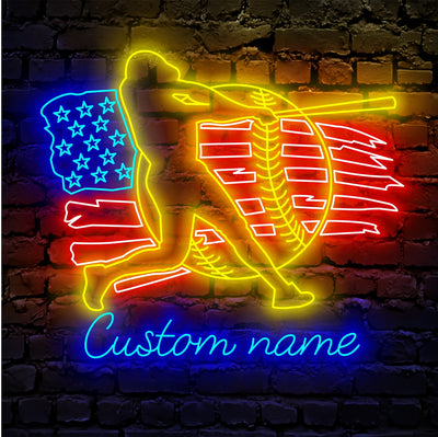 Baseball US Flag Neon Sign - Custom Name Baseball US Flag Neon Signs For Home, Birthday Gift Giving Name Neon Lights