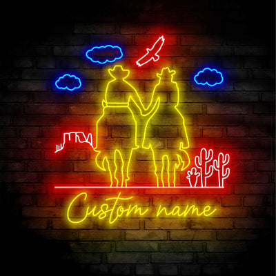 Custom Cowboy Cowgirl Couple Neon Sign Wall Art LED Light Personalized Family Name Neon Sign Home Decor Horse Farmhouse Barn Nursery Decoration Xmas