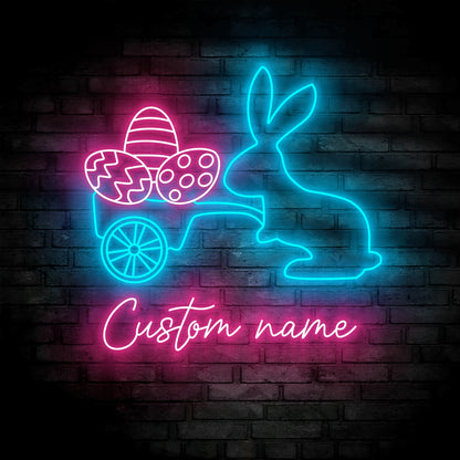 Custom Easter Rabbit Neon Sign Wall Art LED Light Personalized Bunny Easter Egg Cart Name Neon Sign Decor Boy Girl Nursery Decoration Happy Easter
