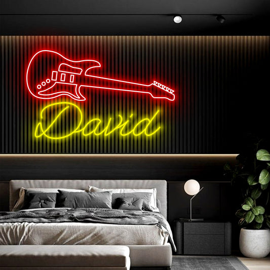Custom Guitar Player Neon Sign Wall Art LED Light Personalized Guitarist Name Neon Sign Home Decor Music Room Kids Nursery Decoration Birthday Xmas