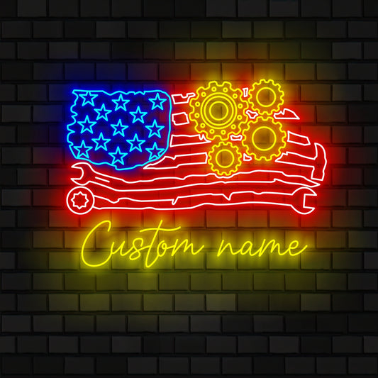 Custom US Mechanic Tools Neon Sign Wall Art LED Light Personalized Car Repair Handyman Name Sign Sign Home Decor American Garage Decoration Carpenter