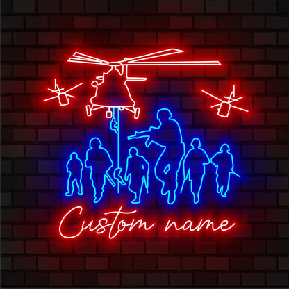 Custom US Soldier Helicopter Military Neon Sign Wall Art LED Light Personalized American Army Name Neon Sign Home Decor Veteran Patriotic Decoration