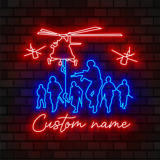 Custom US Soldier Helicopter Military Neon Sign Wall Art LED Light Personalized American Army Name Neon Sign Home Decor Veteran Patriotic Decoration