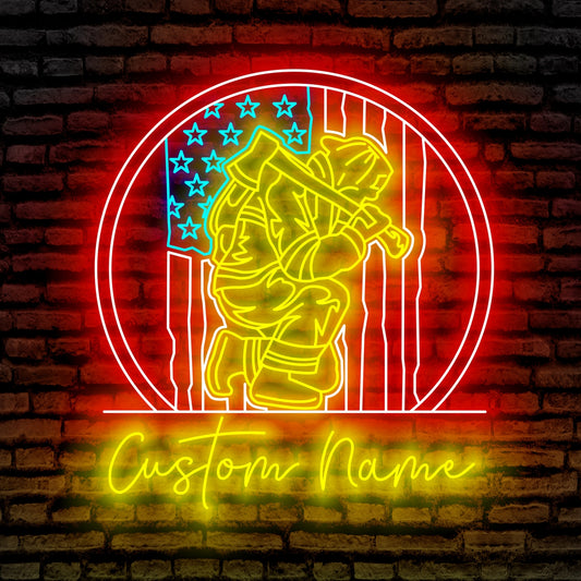 Fireman Kneeling Neon Sign - Custom Name Fireman Kneeling Led Neon Sign - Gift Idea for Fireman Kneeling