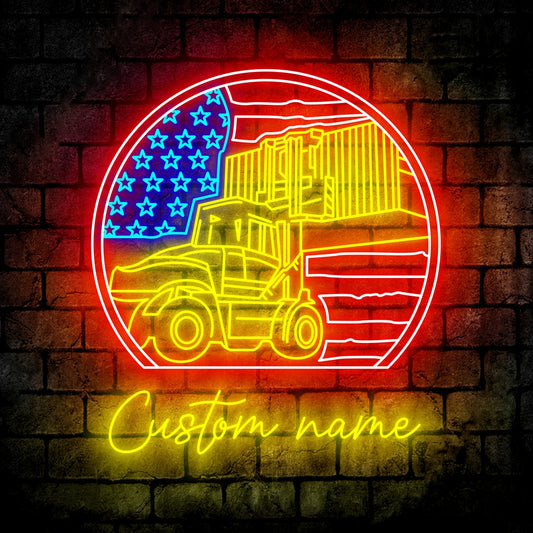 Forklift Us Flag Neon Sign - Custom Name Forklift Us Flag Neon Signs For Home, Birthday Gift Giving Name Neon Lights