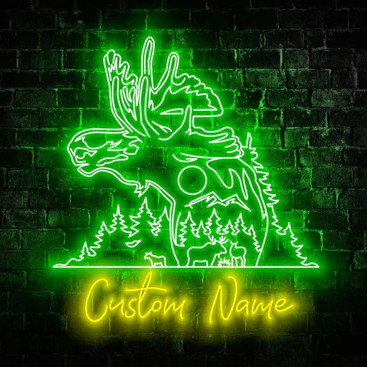 Moose In Forest Neon Sign - Custom Name Hunting Neon Signs For Home, Birthday Gift Giving Name Neon Lights