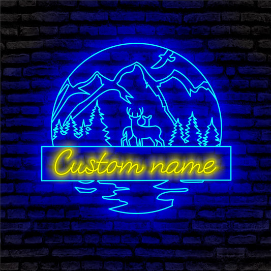Mountain Deer Scene Neon Sign - Custom Name Mountain Deer Scene Neon Signs For Home, Birthday Gift Giving Name Neon Lights