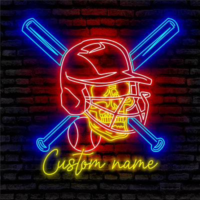 Skull Baseball Neon Sign - Custom Name Skull Baseball Neon Signs For Home, Birthday Gift Giving Name Neon Lights
