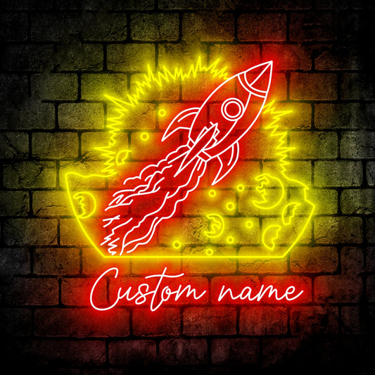 Space Rocket Neon Sign - Custom Name Space Rocket Neon Signs For Home, Birthday Gift Giving Name Neon Lights