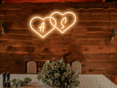 Wedding Double Heart Initials Neon Sign, Custom Wedding Initials With Heart Neon Sign, Wedding Neon Sign