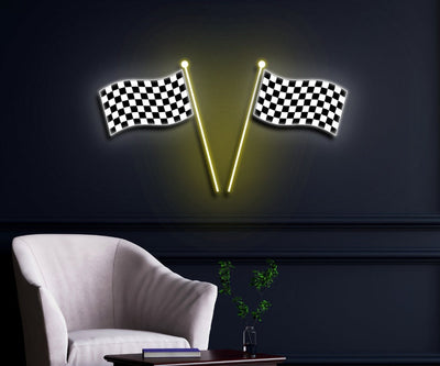 Racing Flag Neon Sign Wall Art Led Light Personalized Race Checkered Flag Name Home Decor Checker Topper Decoration Start Finish Flag