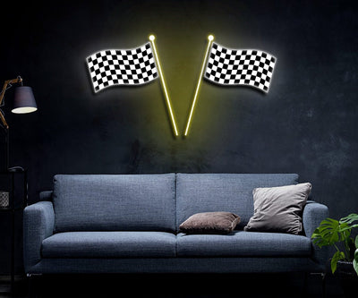 Racing Flag Neon Sign Wall Art Led Light Personalized Race Checkered Flag Name Home Decor Checker Topper Decoration Start Finish Flag