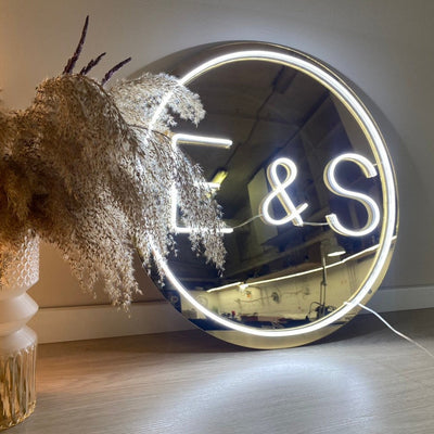 Round Wedding Neon Sign With Gold Acrylic Backing And Led Customized Initials, Wedding Neon Sign