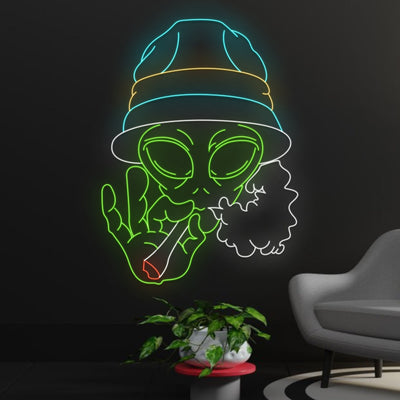 Custom Alien Smoking Cigars Neon Sign, Alien In Hat Led Sign, Cigarette Neon Lights, Smoke Led Light, Spaceship Lighting, Alien Wall Decor