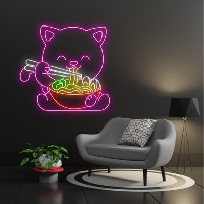 Cute Cat Eating Ramen Neon Sign, Cat Eating Noodles Led Sign, Vegetables & Egg Neon Light, Kid Room Decor, Japanese Noodles Led Lights