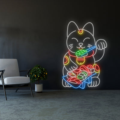 Lucky Cat Eating Sushi Neon Sign, Fortune Cat Eating Sushi Led Sign, Sushi Neon Led Light, Sushi Led Light, Fortune Cat Neon Sign